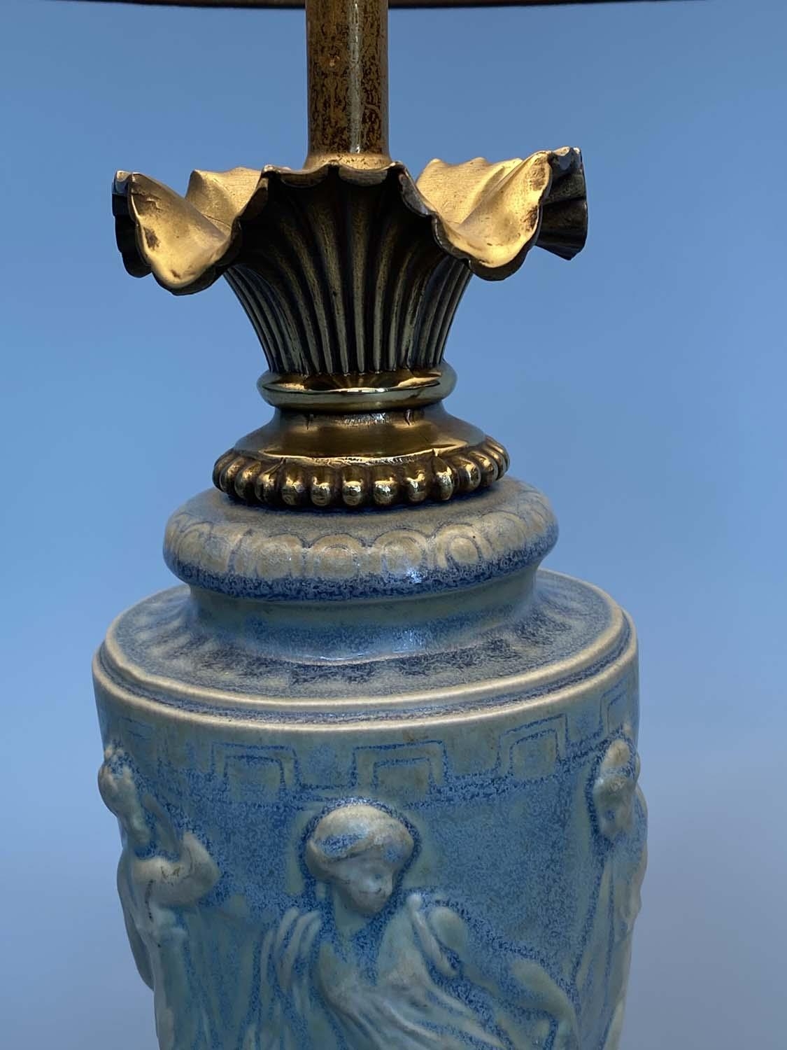 TABLE LAMPS, a pair, Neo Classical vase form blue and white Wedgewood style ceramic, gilt metal - Image 3 of 6