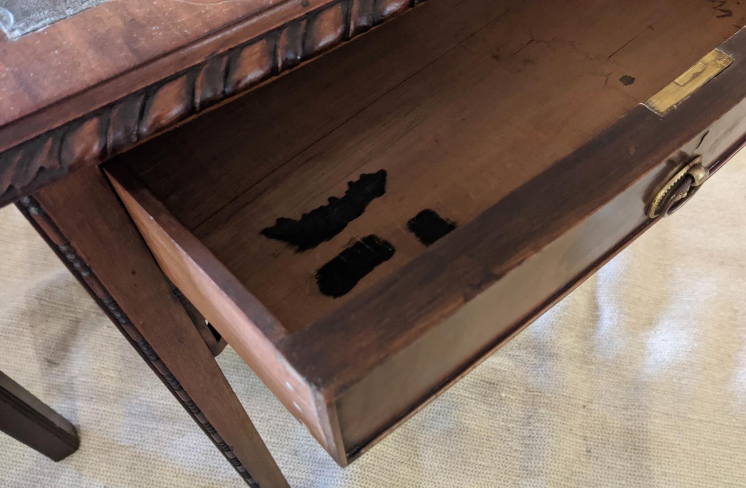 BOWFRONT SIDE TABLE, early 20th century George II style, mahogany with two drawers with leather - Image 6 of 6