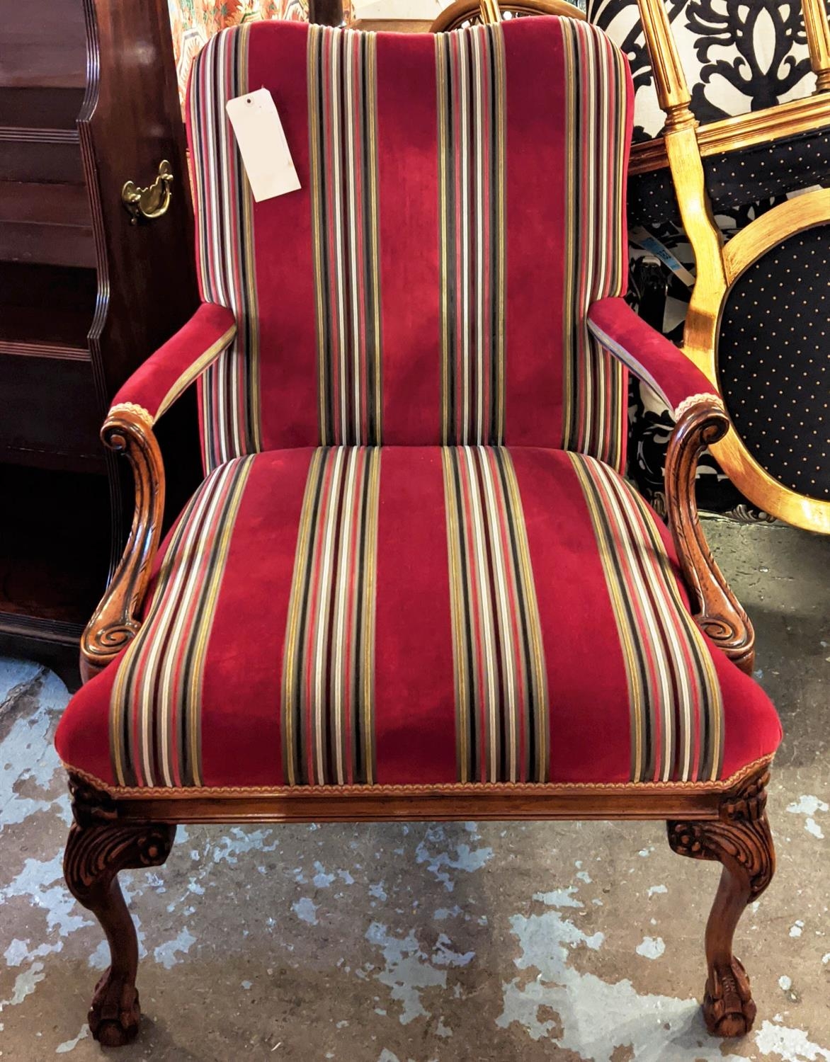 ARMCHAIR, 76cm W x 98cm H, Georgian style with striped velvet fabric and carved showframe. - Image 2 of 6