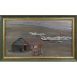 RUSSIAN SCHOOL 'Figures in Landscape with Yurt', oil on canvas, 23 x 43cm, framed.