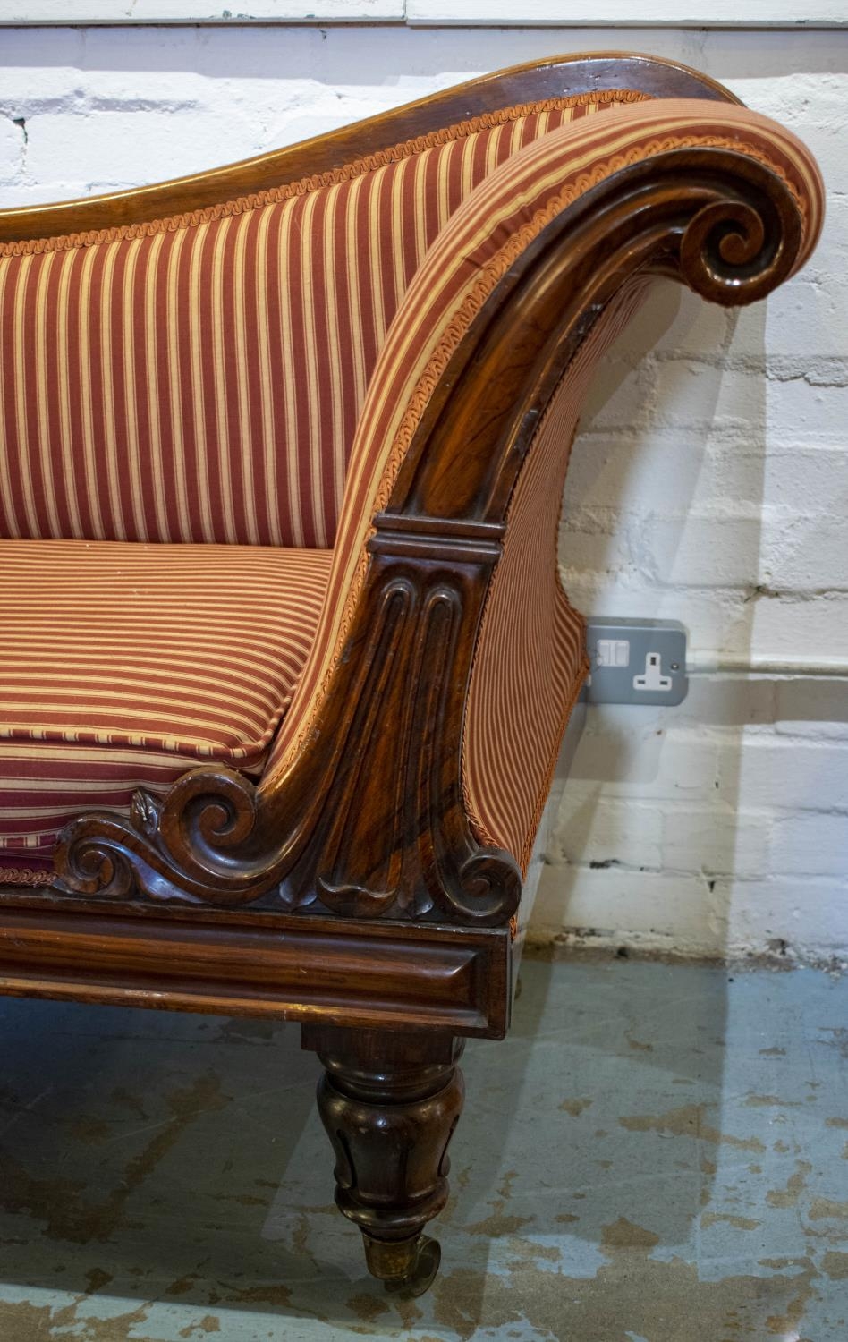 CHAISE LONGUE, 91cm H x 192cm L x 67cm D, William IV rosewood, circa 1830 in terracotta striped - Image 2 of 6