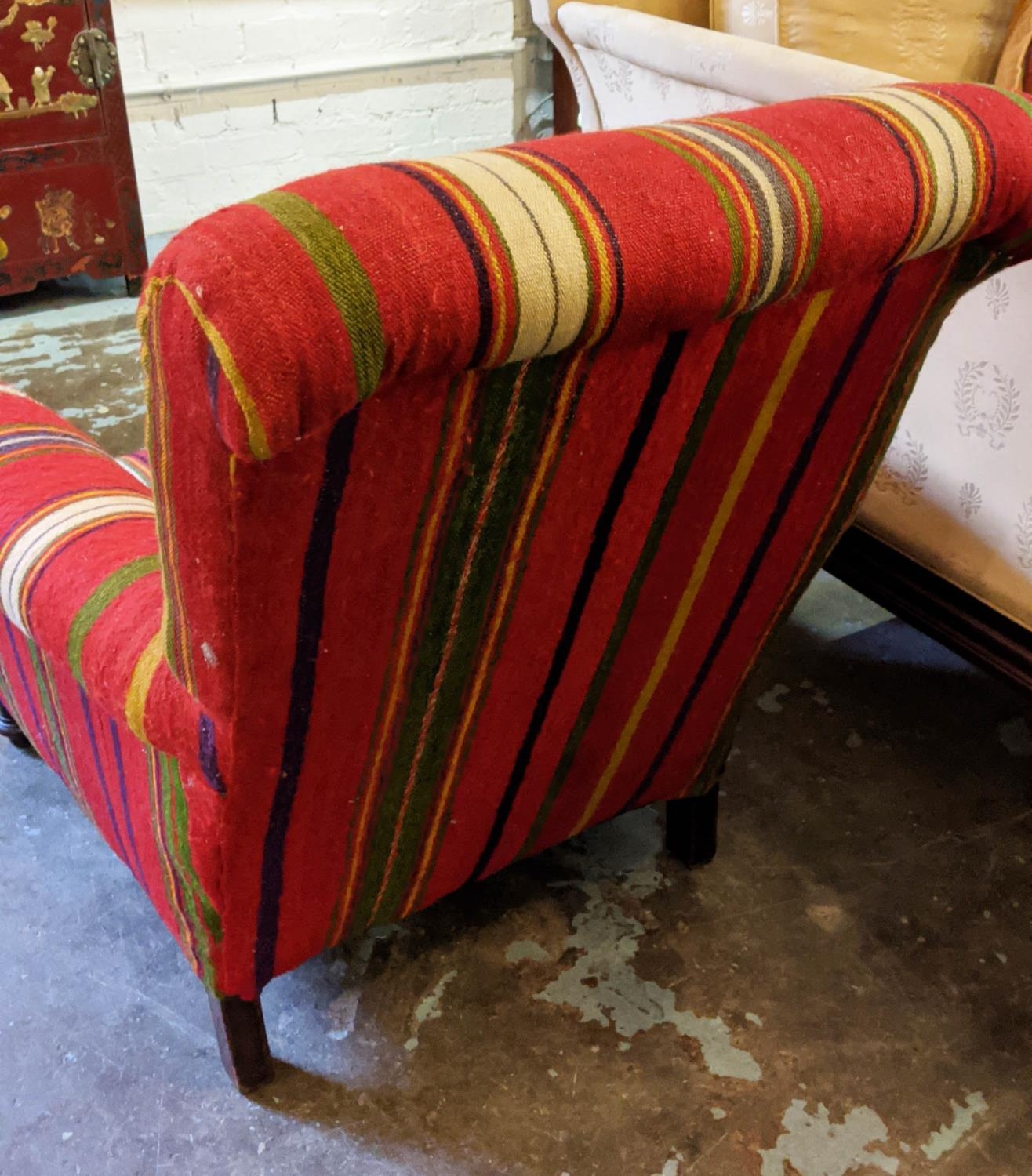 ARMCHAIR, 82cm H x 82cm W, Victorian in red striped kilim. - Image 5 of 5