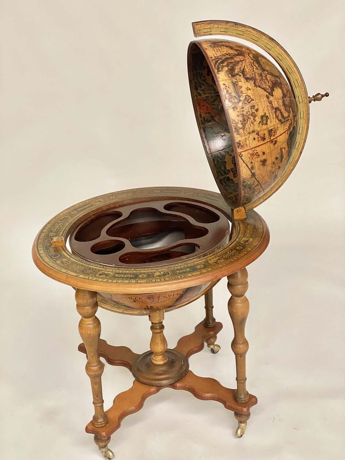 GLOBE COCKTAIL CABINET, in the form of an antique terrestrial globe on stand with rising 'lid' and - Image 3 of 5