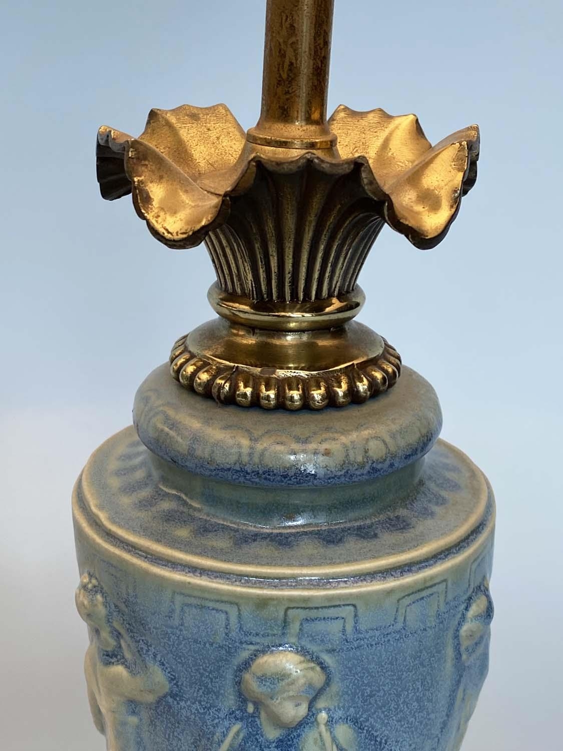 TABLE LAMPS, a pair, Neo Classical vase form blue and white Wedgewood style ceramic, gilt metal - Image 6 of 6