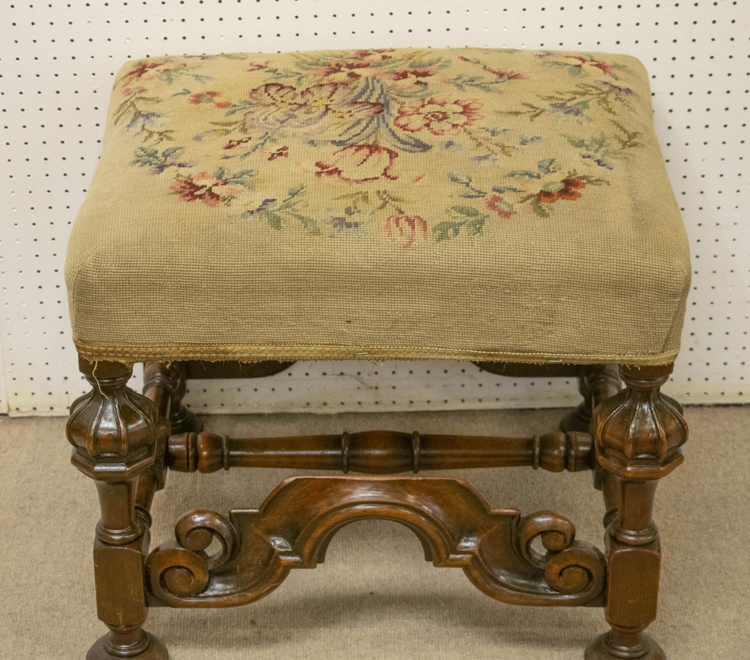 STOOL, 45cm H x 53cm x 47cm, late 19th century William & Mary style walnut with needlework - Image 2 of 5