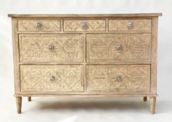 CHEST, Oka style, painted with lattice moulded front and seven drawers, 130cm x 45cm D x 90cm H.