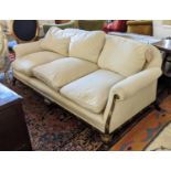 SOFA, 102cm x 73cm H x 193cm, in a cream self patterned fabric with reeded and carved wooden