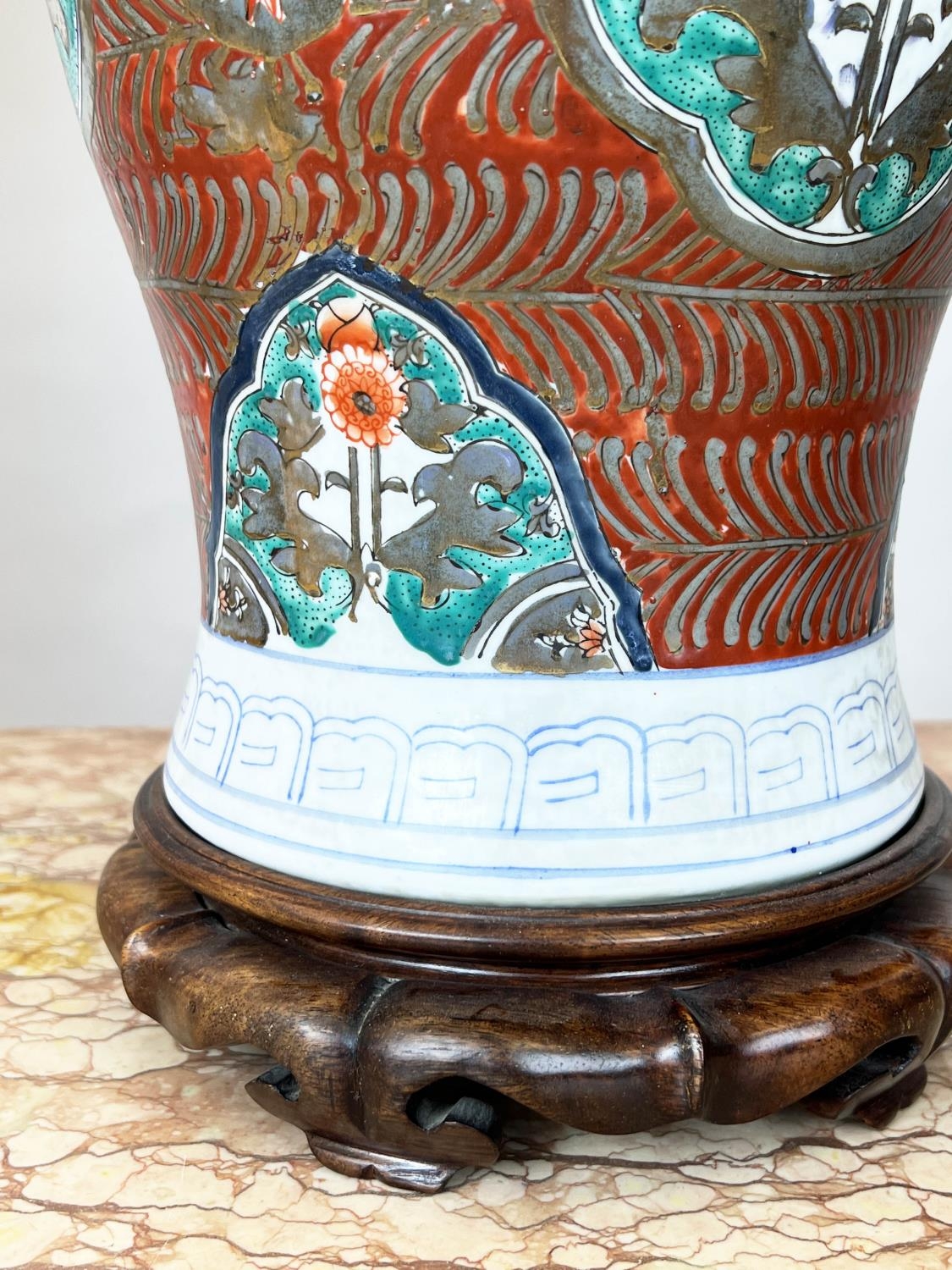 TABLE LAMPS, two, Chinese ceramic, one of temple jar form the other imari pattern, with carved - Image 4 of 11