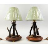 ANTHONY REDMILE STYLE ROE DEER ANTLER TABLE LAMPS, a pair, 41cm H, with shades. (2)