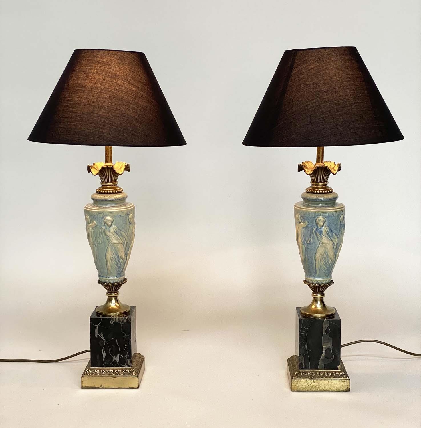 TABLE LAMPS, a pair, Neo Classical vase form blue and white Wedgewood style ceramic, gilt metal - Image 5 of 6