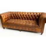 CHESTERFIELD SOFA BY HALO, natural deep buttoned tan hide leather with curved back and arms (stamped