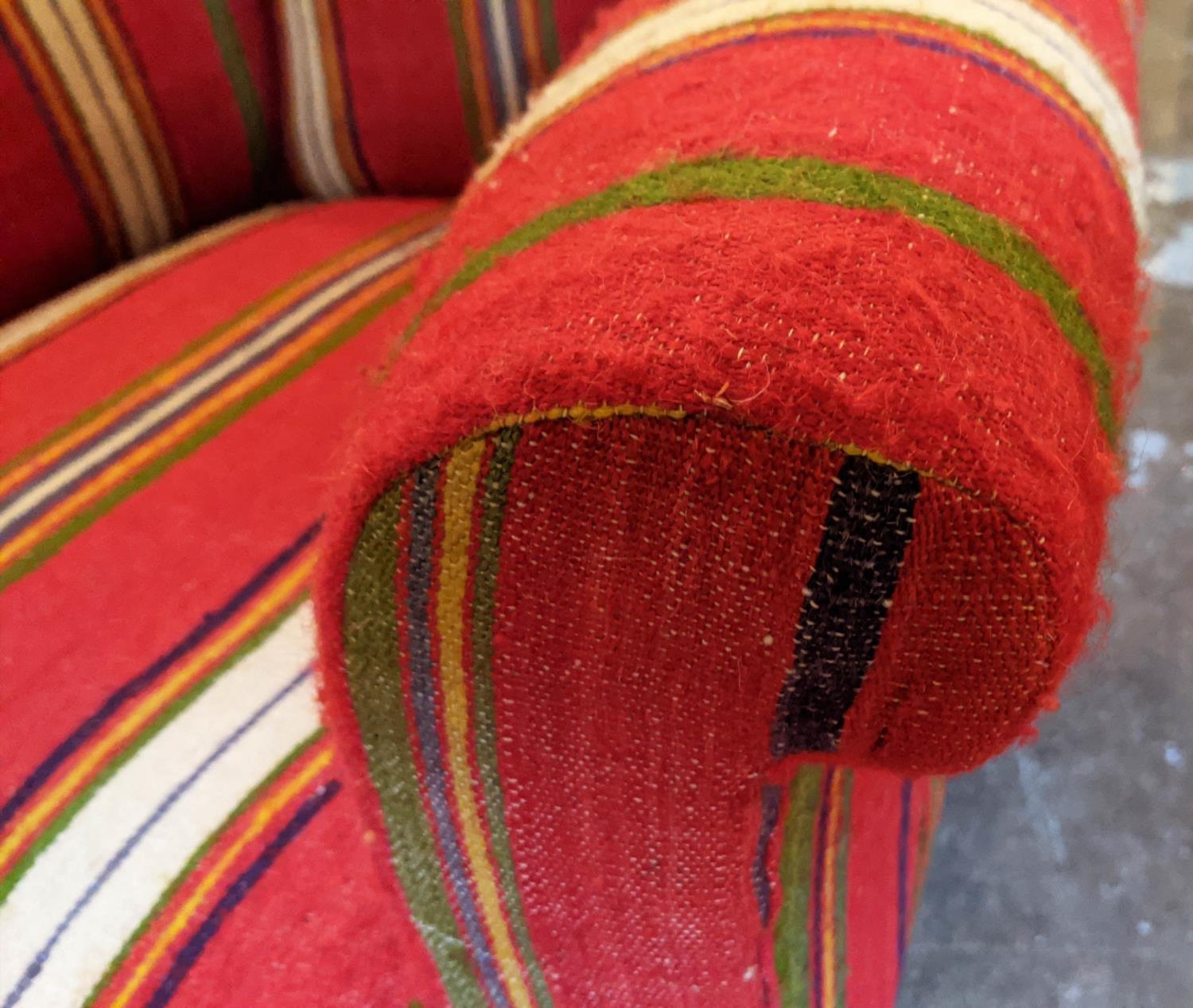 ARMCHAIR, 82cm H x 82cm W, Victorian in red striped kilim. - Image 3 of 5