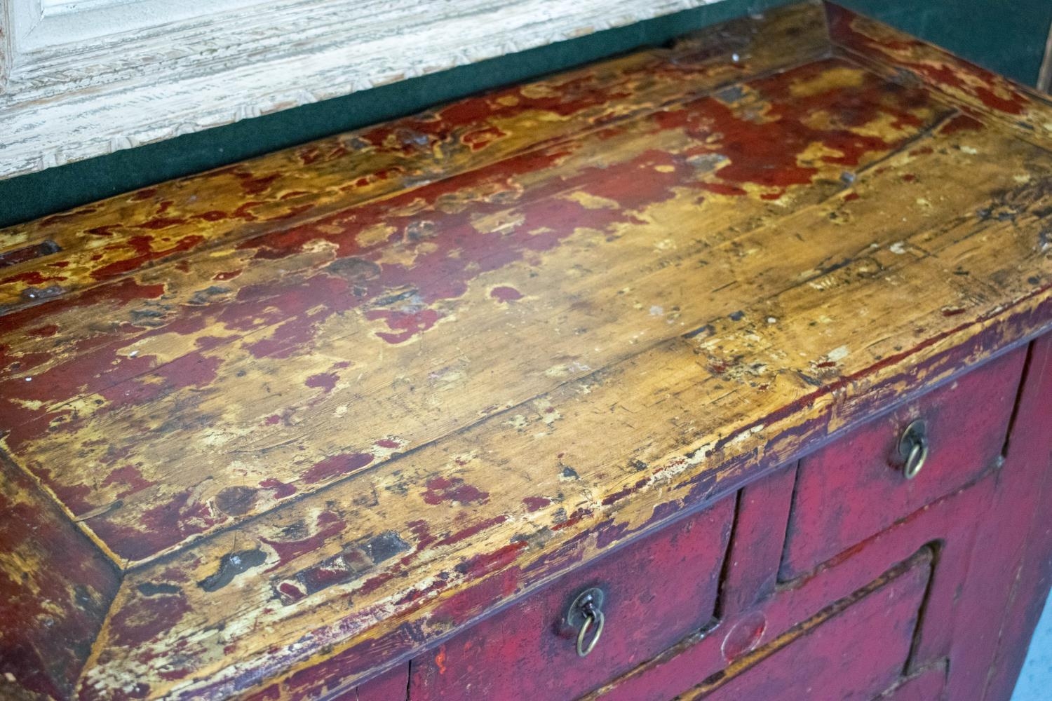 CHEST, 85cm H x 104cm W x 45cm D, 19th century Chinese red lacquered firwood with three drawers. - Image 4 of 5