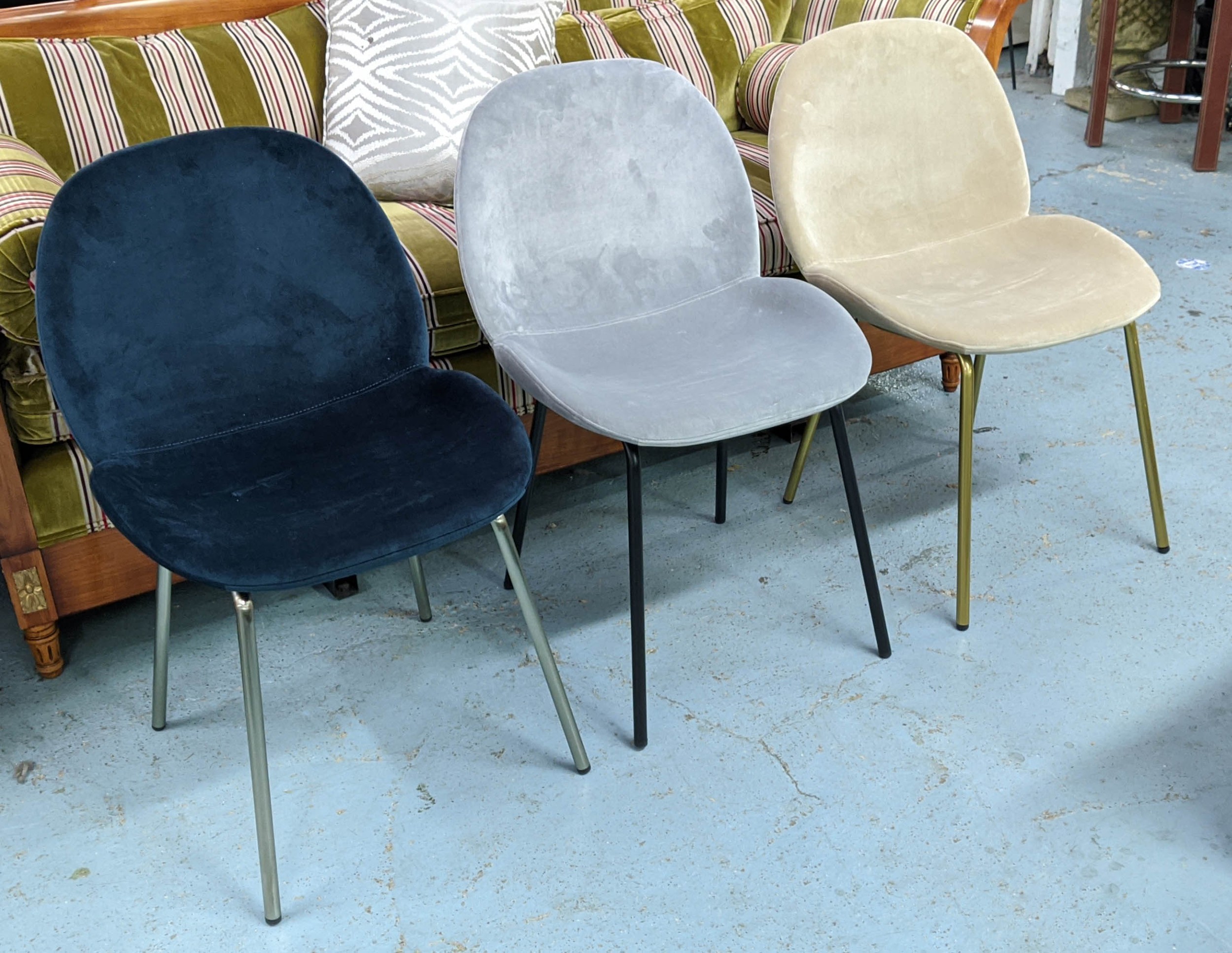 AFTER GAMFRATESI BEETLE STYLE CHAIRS, a set of six, various colours, 81cm H. (6)