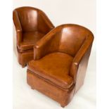 TUB ARMCHAIRS, a pair, vintage French mid brown leather with raised bow backs and square tapering
