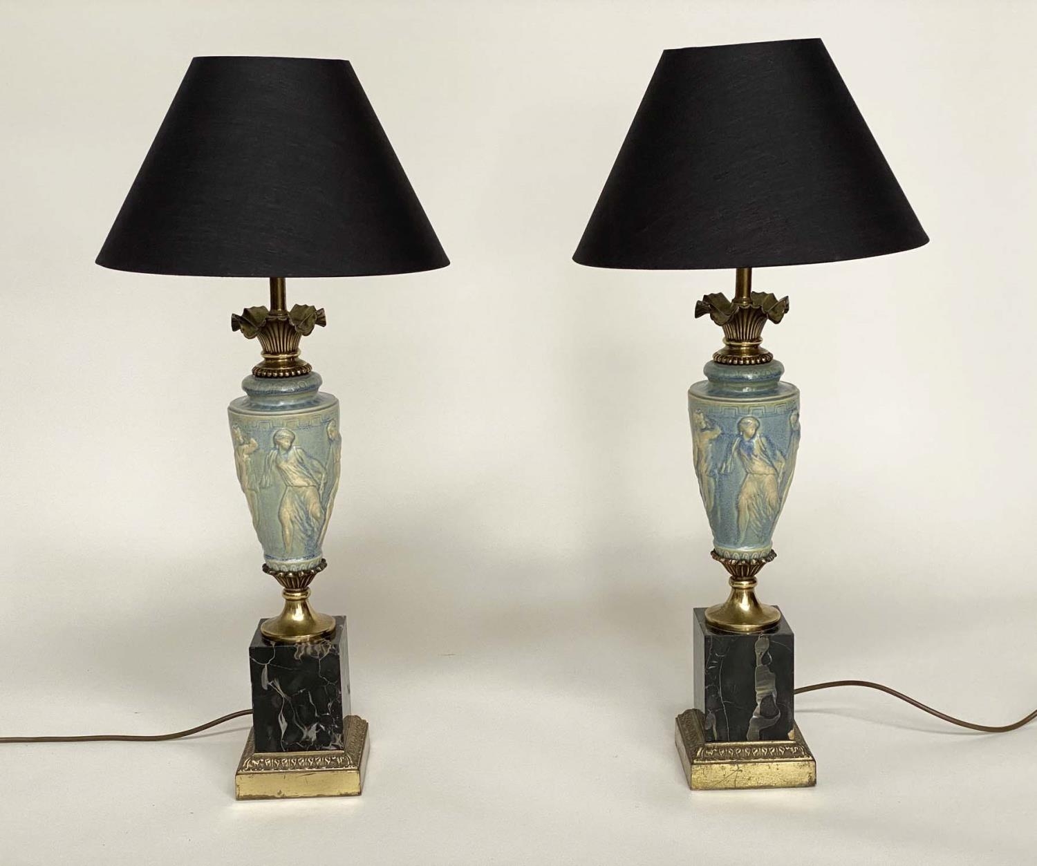 TABLE LAMPS, a pair, Neo Classical vase form blue and white Wedgewood style ceramic, gilt metal