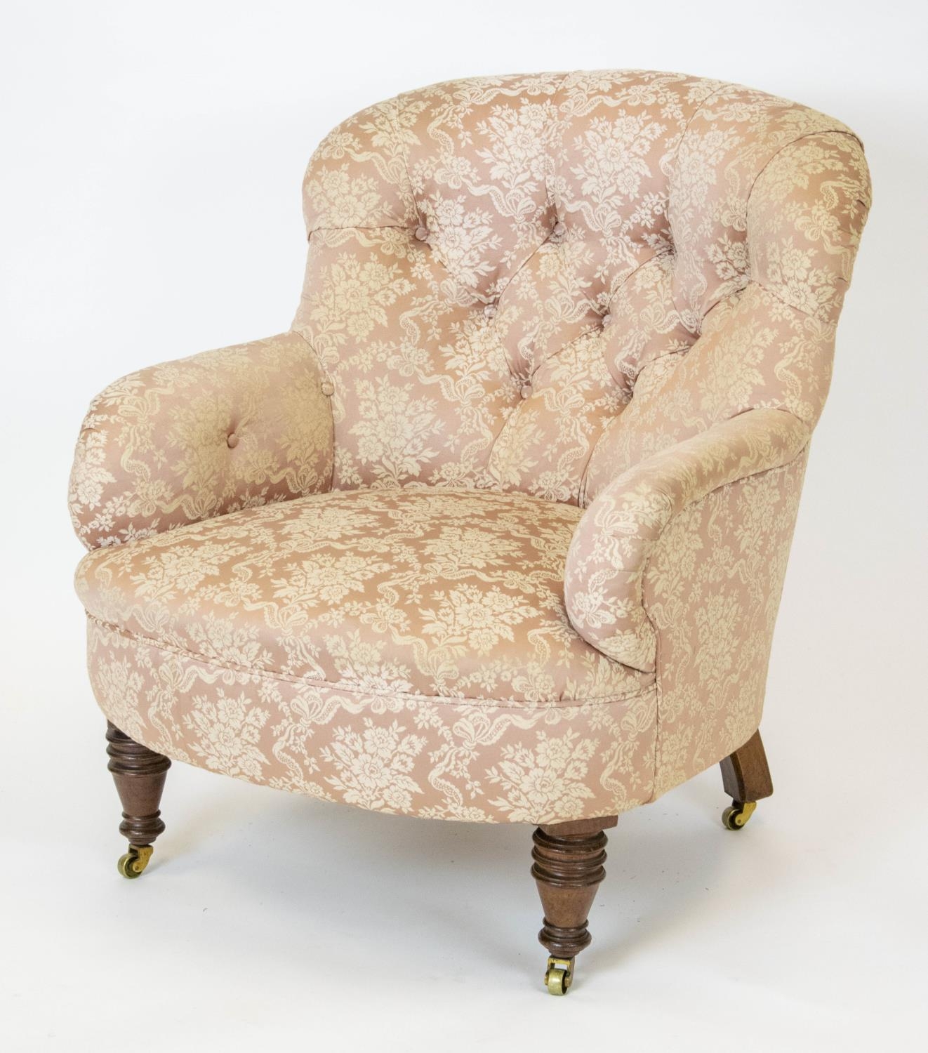 ARMCHAIR, 86cm H x 73cm W, Victorian walnut in floral pink upholstery on later brass castors.