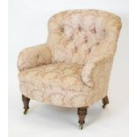 ARMCHAIR, 86cm H x 73cm W, Victorian walnut in floral pink upholstery on later brass castors.