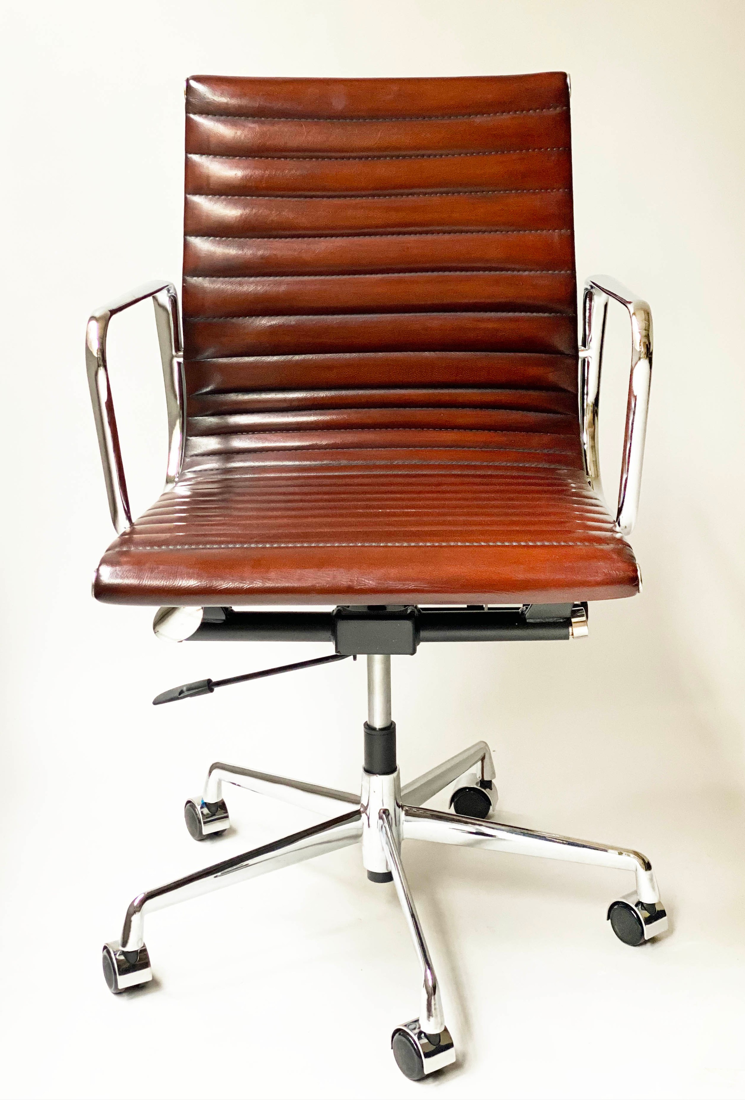 REVOLVING DESK CHAIR, Charles and Ray Eames inspired with ribbed mid brown tan leather seat - Image 6 of 6