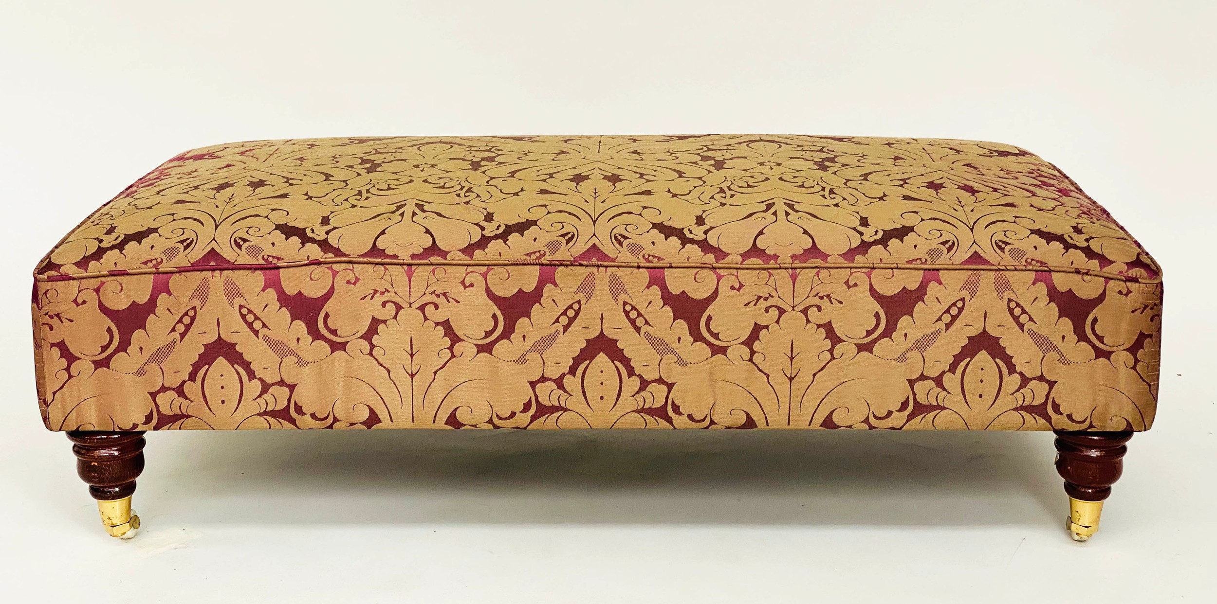 HEARTH STOOL, rectangular with brown/violet brocade pattern and turned supports, 62cm x 110cm x 35cm - Image 2 of 4