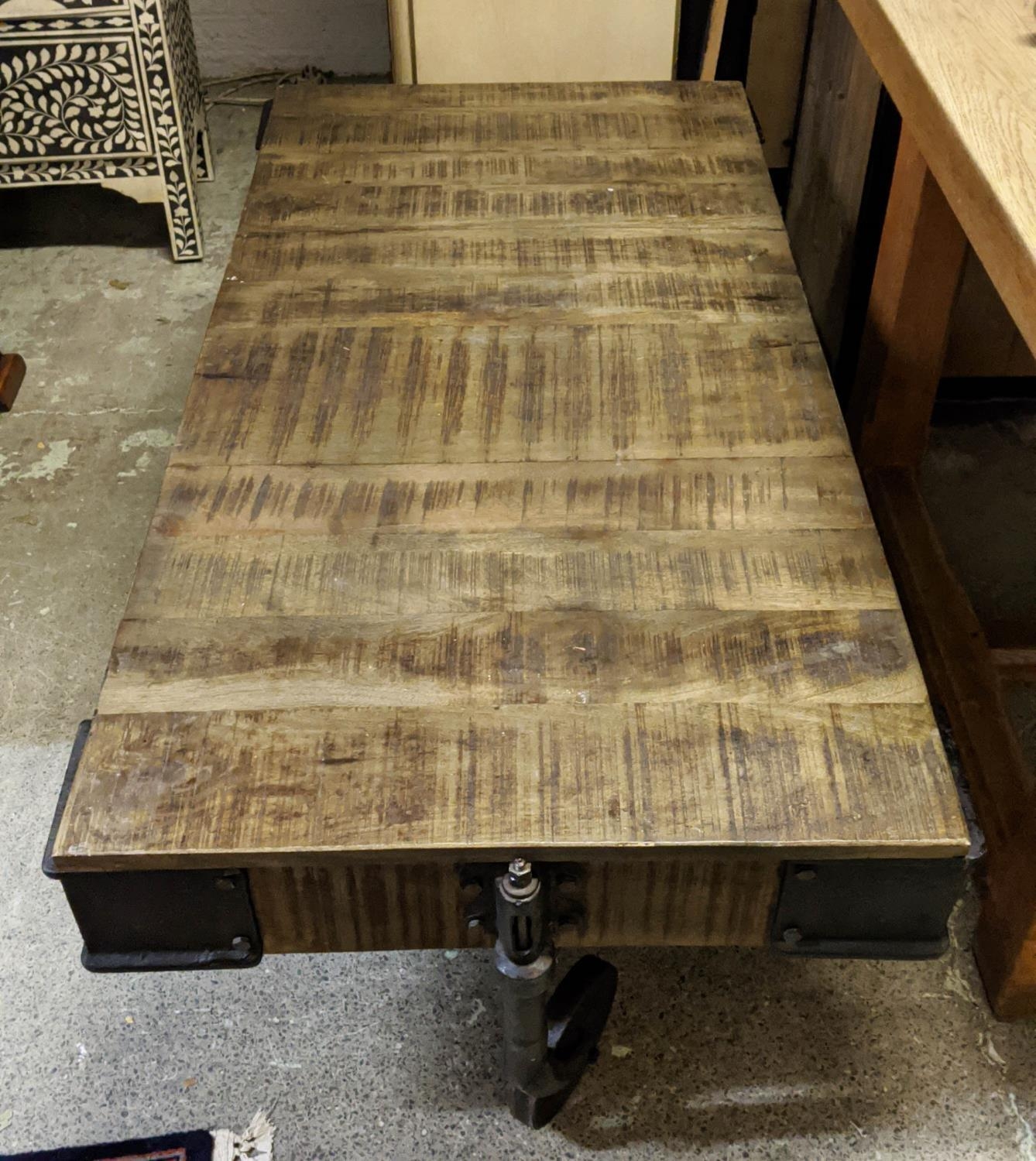 INDUSTRIAL STYLE COFFEE TABLE, 69cm x 134cm x 47cm H, on oversized castor base. - Image 3 of 5