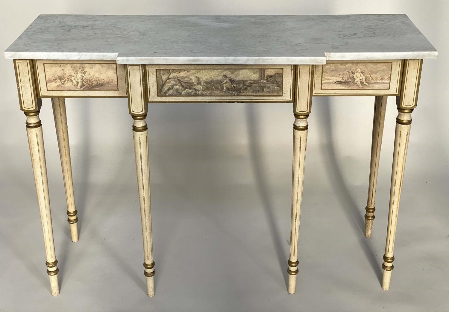 CONSOLE TABLE, Italian style breakfront form with Carrara marble top, cherub painted frieze and