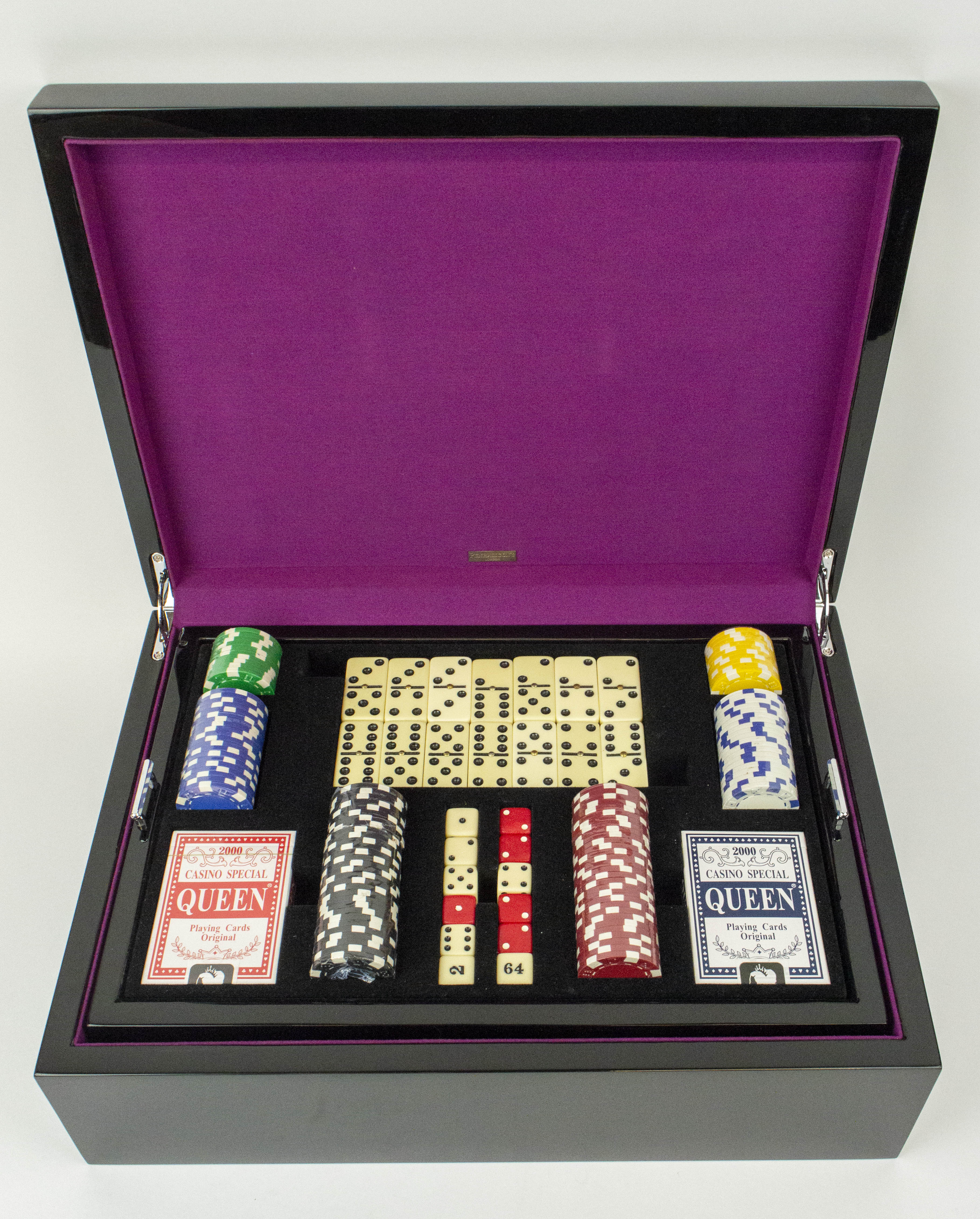 PENHALIGON'S GAMES BOX, black lacquered fitted tray with card sets dice, chips dominos and folding - Image 2 of 15