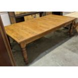 FARMHOUSE KITCHEN TABLE, Victorian pine, plank top, cleated ends, turned supports fitted with a