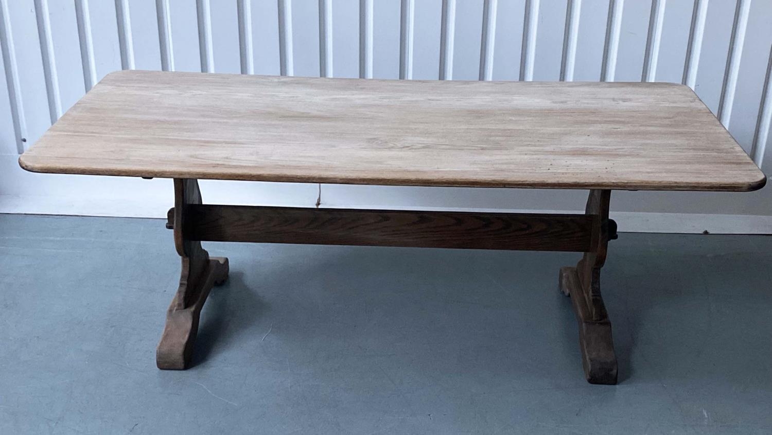 REFECTORY DINING TABLE, round rectangular oak, planked and raised upon shaped trestle supports - Image 5 of 7