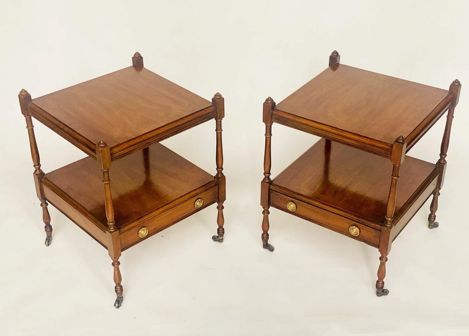 LAMP TABLES, a pair, George III design figured mahogany each with two tiers and drawer, 60cm x