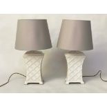 TABLE LAMPS, a pair, white ceramic basket weave of waisted canister form with shades, 74cm H. (2)