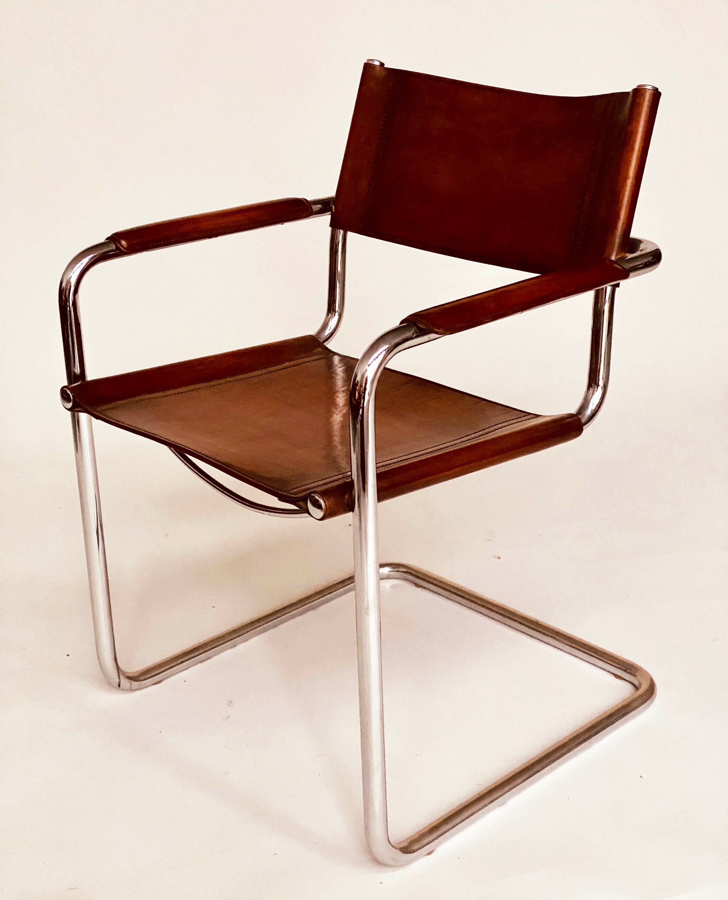 DINING ARMCHAIRS, eight Bauhaus design chrome cantilever armchairs with stitched tan leather - Image 2 of 5