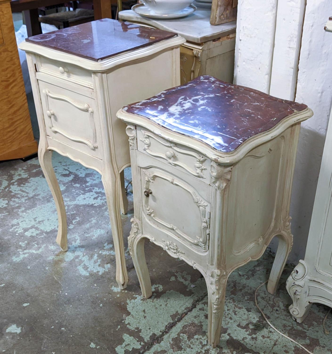 BEDSIDE CABINETS, two similar, cream painted, late 19th/early 20th century French one 84cm H, the - Image 2 of 7