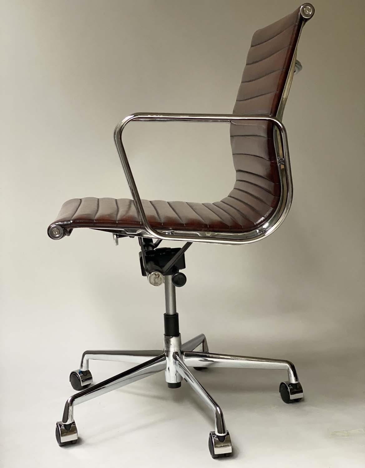 REVOLVING DESK CHAIR, Charles and Ray Eames inspired with ribbed mid brown leather upholstered - Image 5 of 5