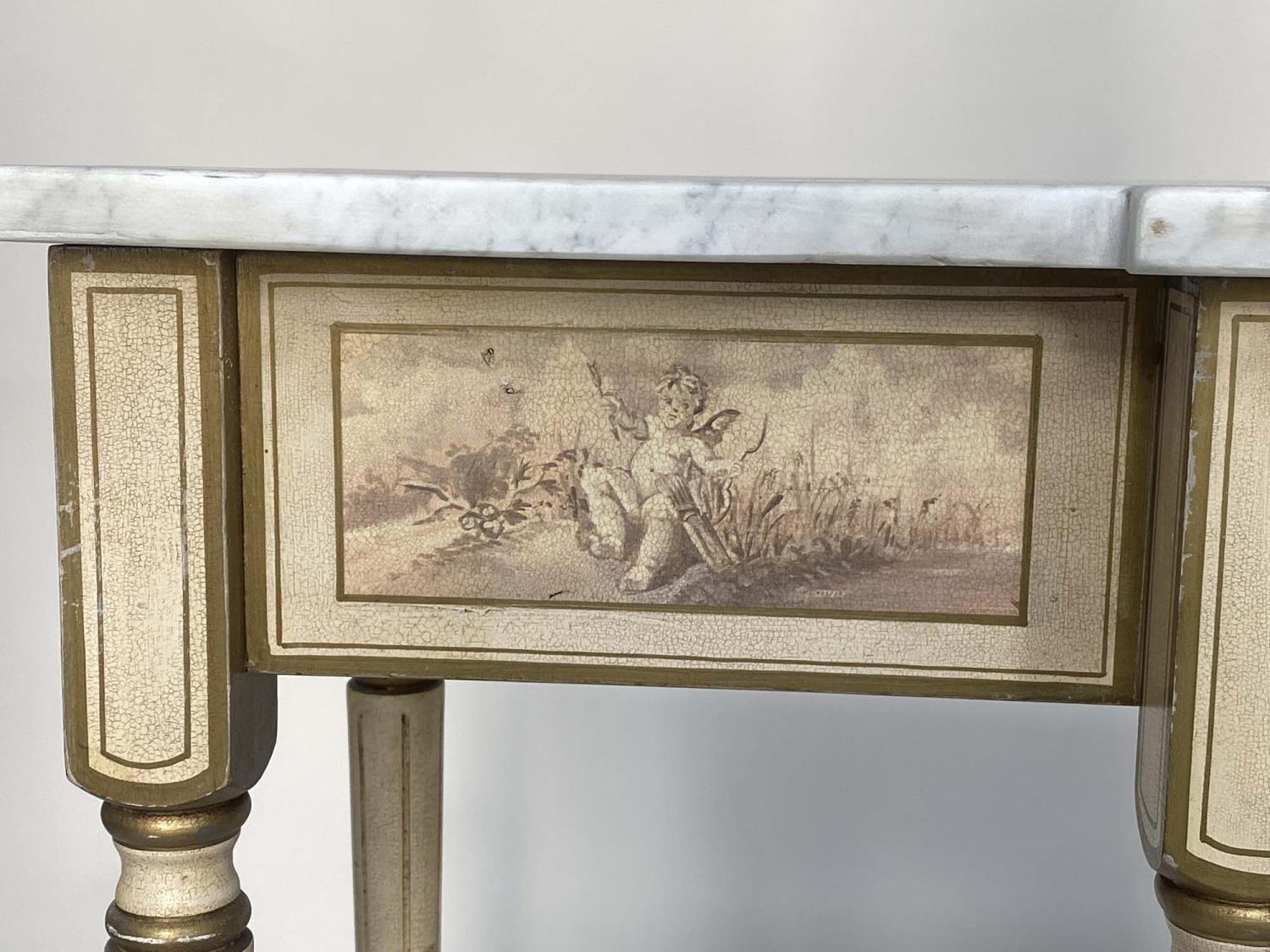 CONSOLE TABLE, Italian style breakfront form with Carrara marble top, cherub painted frieze and - Image 2 of 8