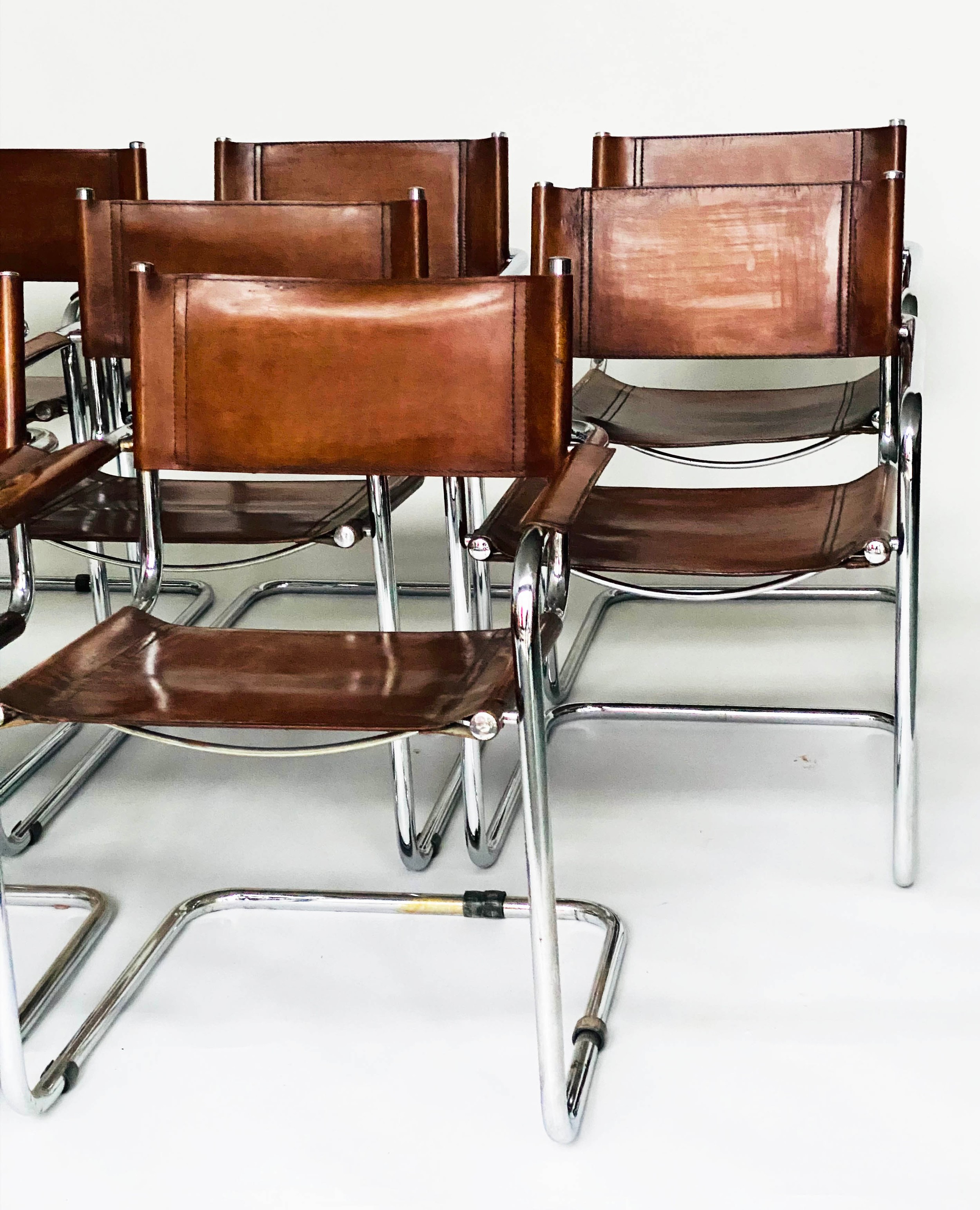 DINING ARMCHAIRS, eight Bauhaus design chrome cantilever armchairs with stitched tan leather - Image 4 of 5