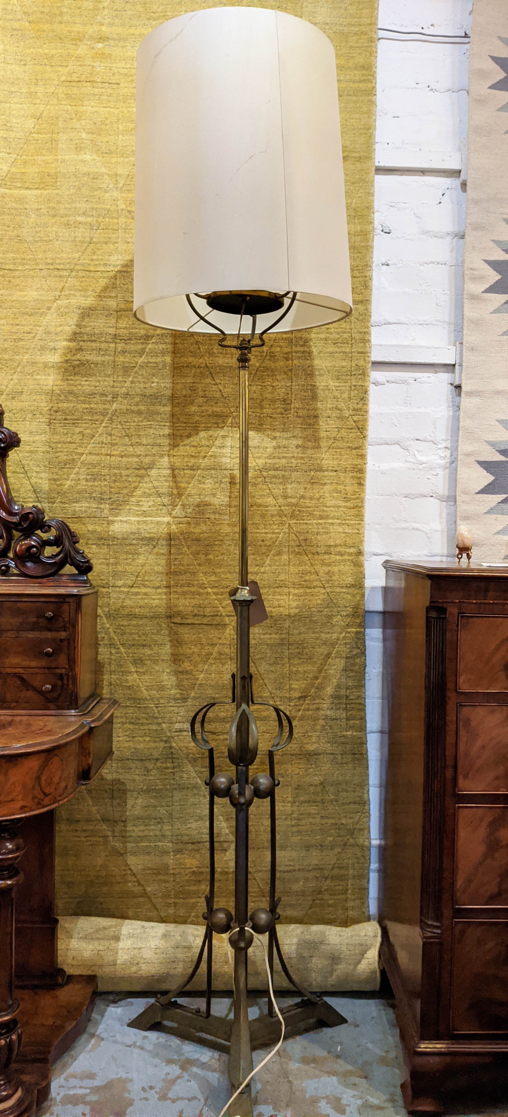 FLOOR STANDING LAMP, 208cm H in the manner of W.A.S. Benson, metal with a shade.