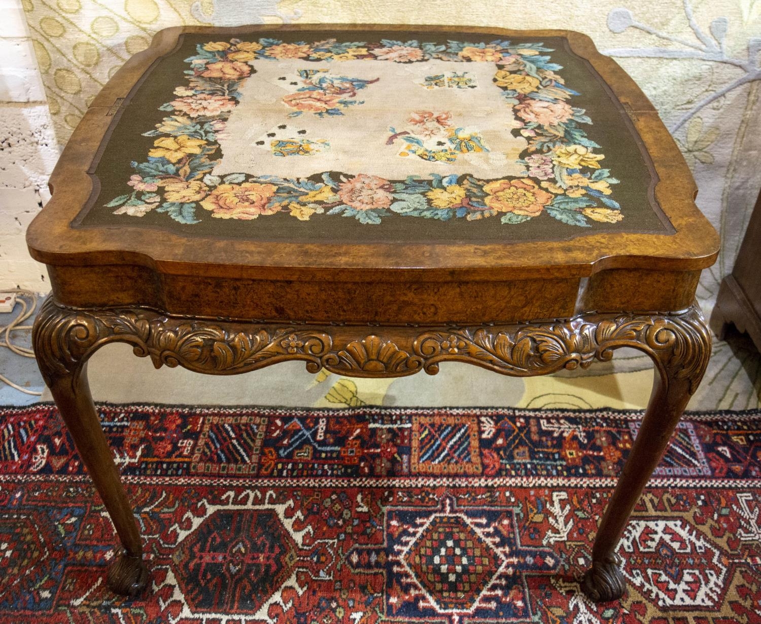 CARD TABLE, 78cm H x 102cm x 51cm, early 20th century George I style burr walnut with needlework - Image 2 of 6