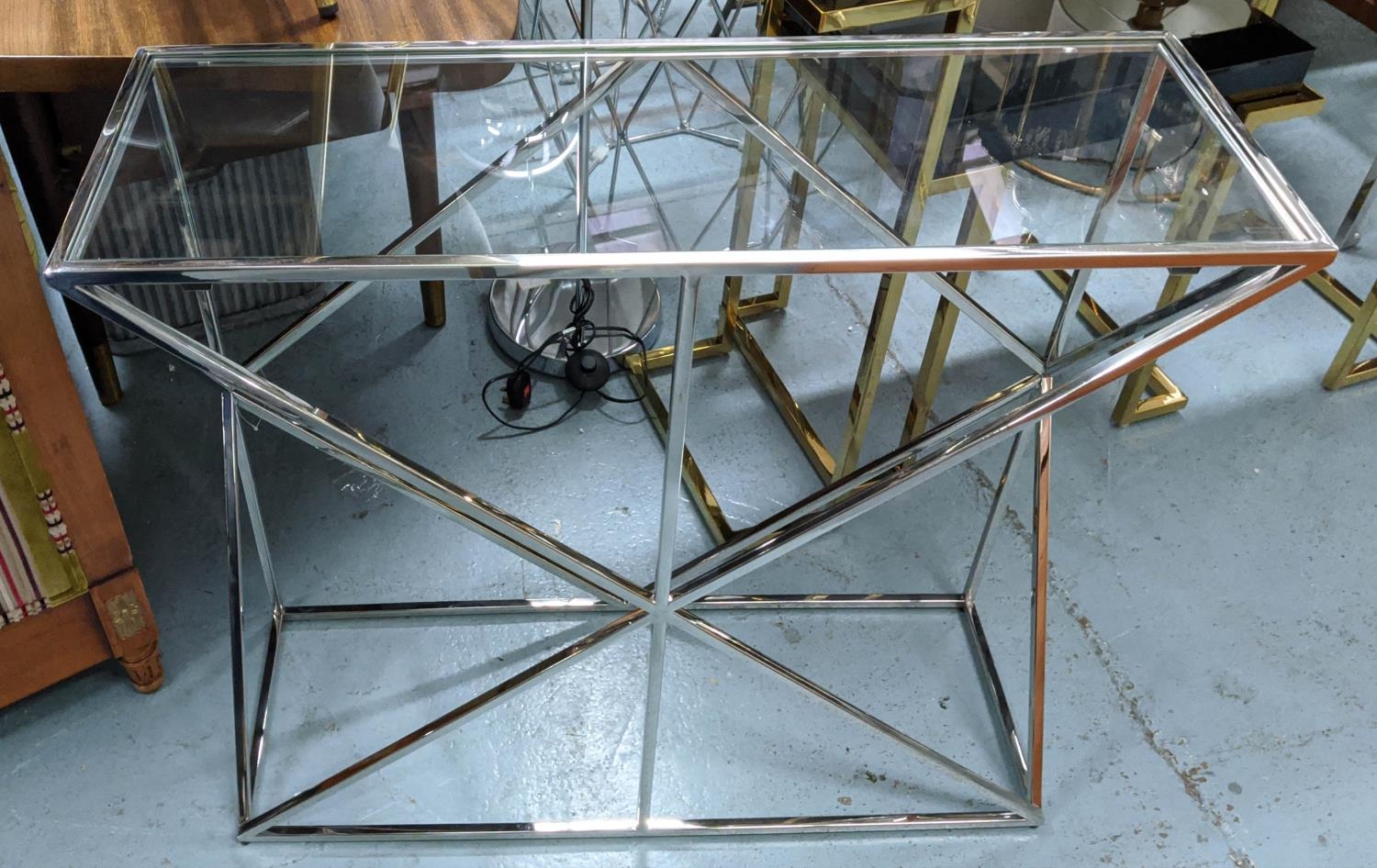 CONSOLE TABLE, 90cm x 30cm x 76cm, Bauhaus style, polished metal and glass. - Image 2 of 5
