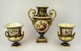 ROYAL CROWN DERBY VASES, a pair, 19th century hand painted with gilt shilled cartouche decorated