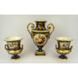 ROYAL CROWN DERBY VASES, a pair, 19th century hand painted with gilt shilled cartouche decorated