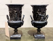 BRONZE CAMPANA URNS, a pair, 'Grand Tour' style with neo classical figures and rams head adorned