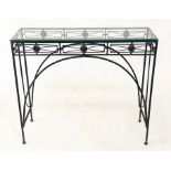 CONSOLE TABLE, Spanish wrought iron with bevelled glass and arched support, 91cm x 31cm D x 80cm H.