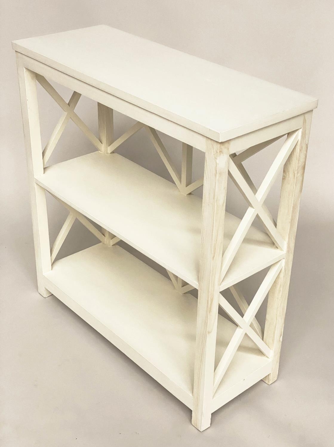 OPEN BOOKCASE, Oka style white painted with two shelves and lattice framework, 85cm W x 33cm D x - Image 5 of 5