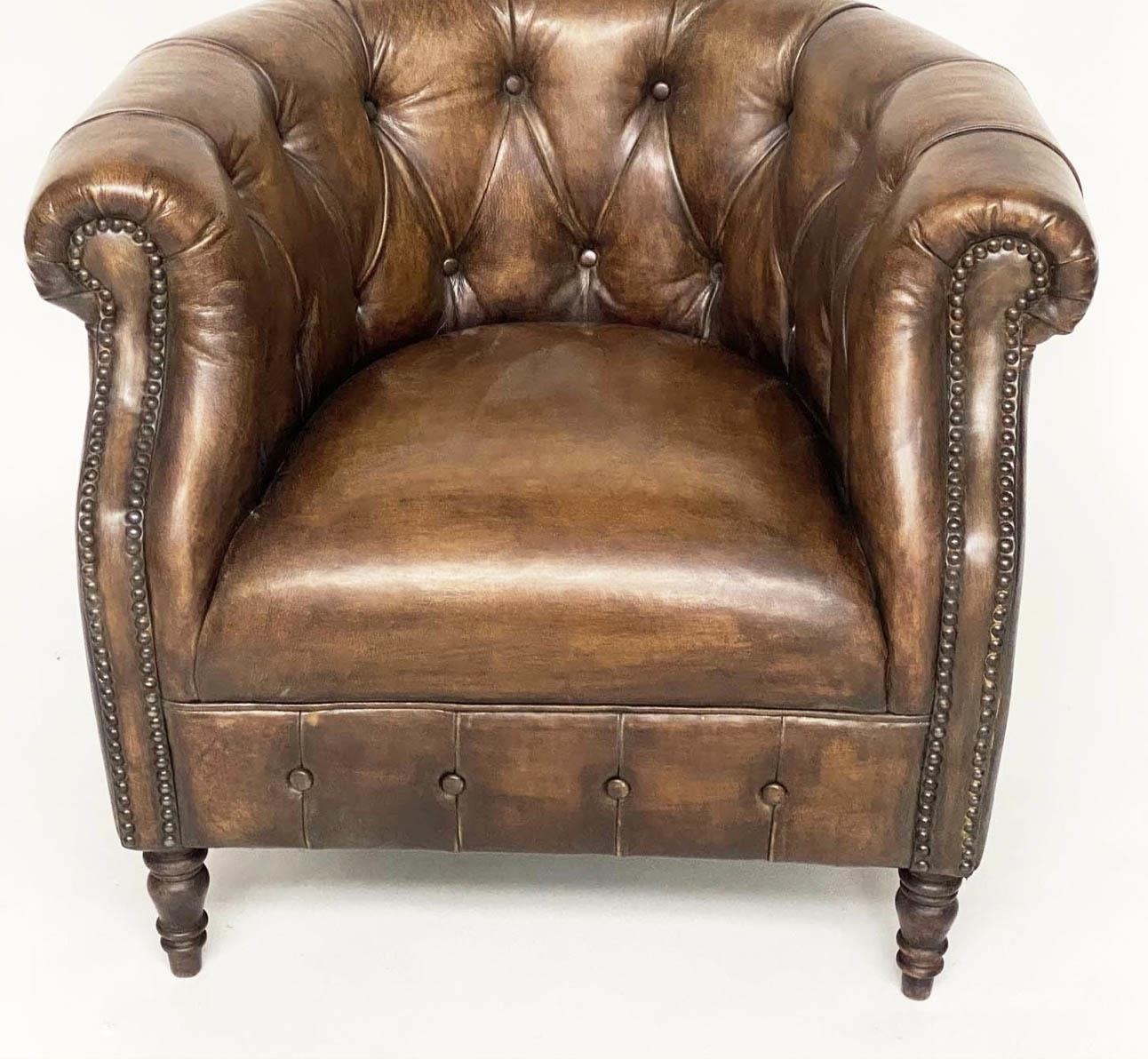 LIBRARY ARMCHAIR, Alexander and James deep buttoned mid brown leather with bow back, 82cm W. - Image 2 of 5
