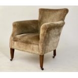 TUB ARMCHAIR, Edwardian teddy bear plush velvet upholstered with rounded back and square tapering