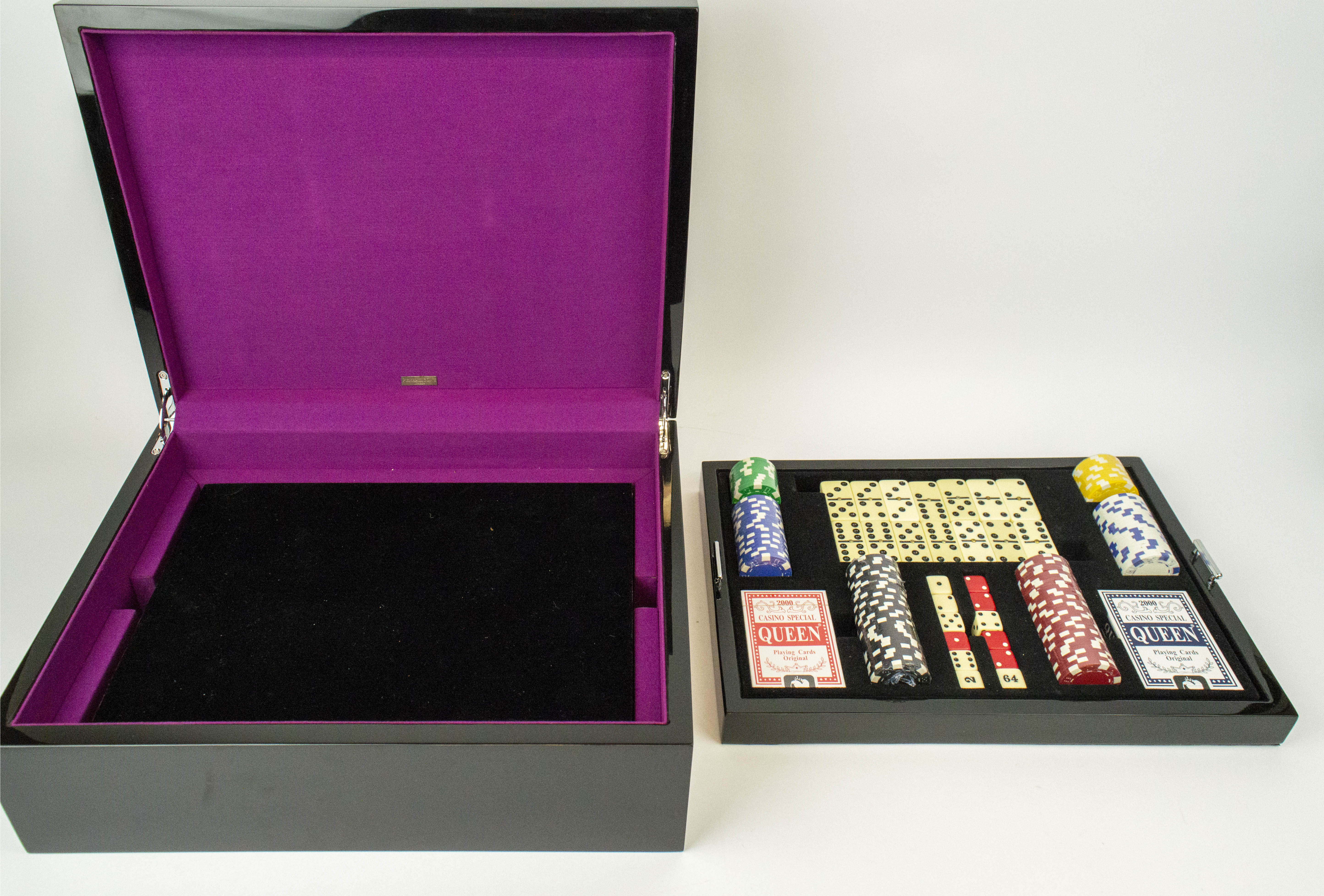 PENHALIGON'S GAMES BOX, black lacquered fitted tray with card sets dice, chips dominos and folding - Image 6 of 15