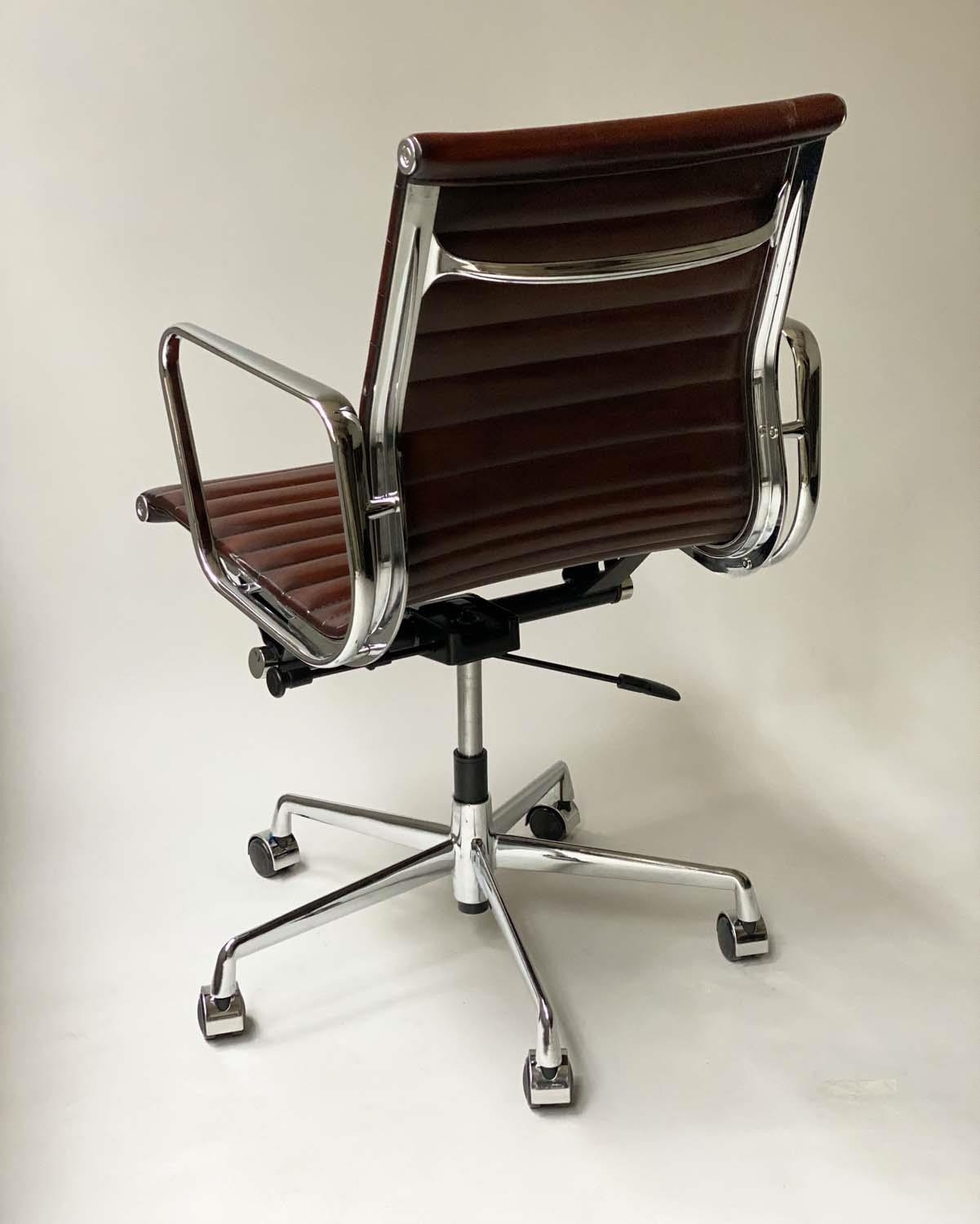 REVOLVING DESK CHAIR, Charles and Ray Eames inspired with ribbed mid brown leather upholstered - Image 2 of 5