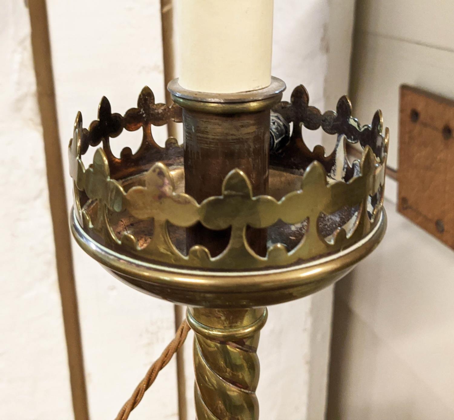 BRASS LAMP, 71cm H including paper shade converted from a Victorian altar candlestick. - Image 2 of 4