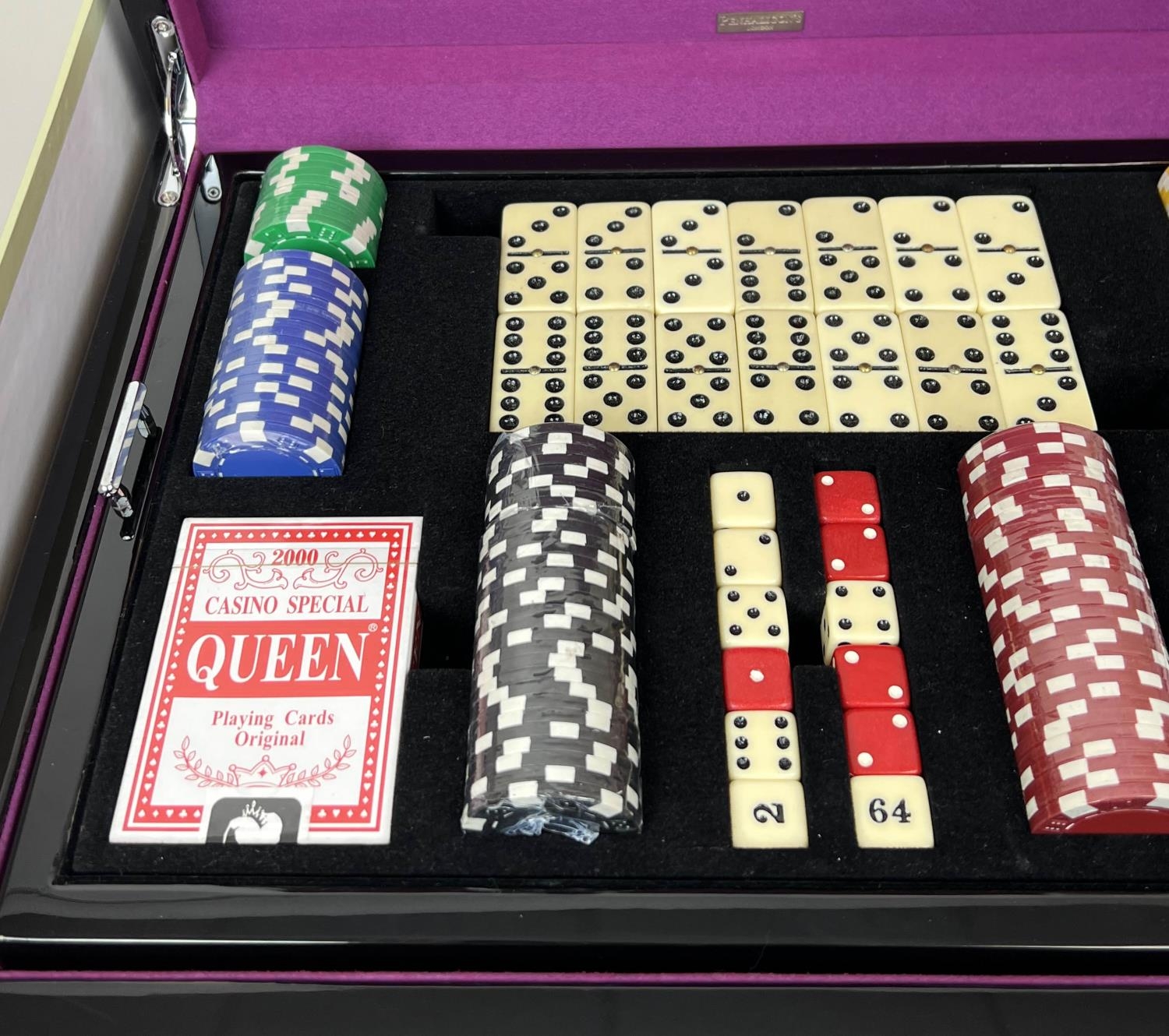 PENHALIGON'S GAMES BOX, black lacquered fitted tray with card sets dice, chips dominos and folding - Image 3 of 15